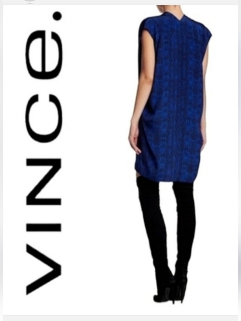 Vince Silk Cartan Dress Cobalt Blue/Black Print Sleeveless Sz M